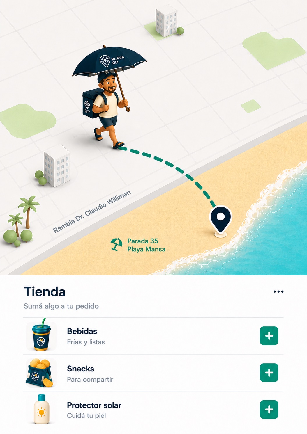 Repartidor PlayaGo con sombrilla azul oscuro y logo oficial en camino hacia Playa Mansa